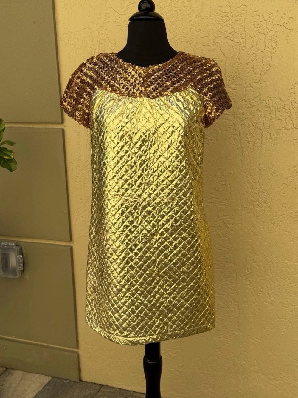 Vintage Leonard Joseph Forward Look Gold Quilted Foil Paper Museum Dress 1960s